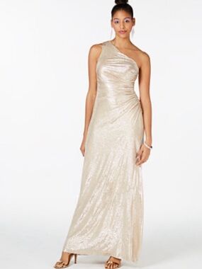 One-Shoulder Metallic Gold Calvin Klein Evening Gown new